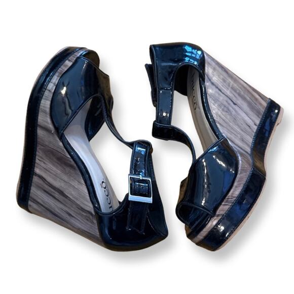 Black Patent Leather Faux Wood Grain Peep Toe SZ.8. High heel Wedge 5"  Italian - Picture 14 of 14